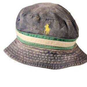 Vintage Ralph Lauren Hat Bucket Mens Distressed Blue Plaid Reversible Pony Logo